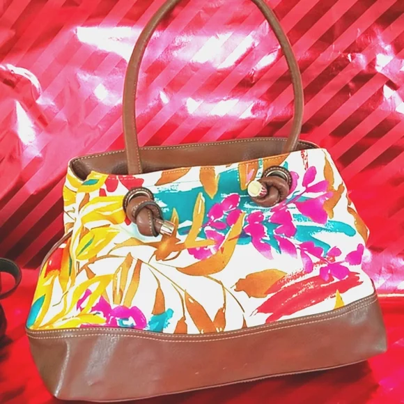 Leather and Canvas Floral Pocketed Handbag - Picture 4 of 4